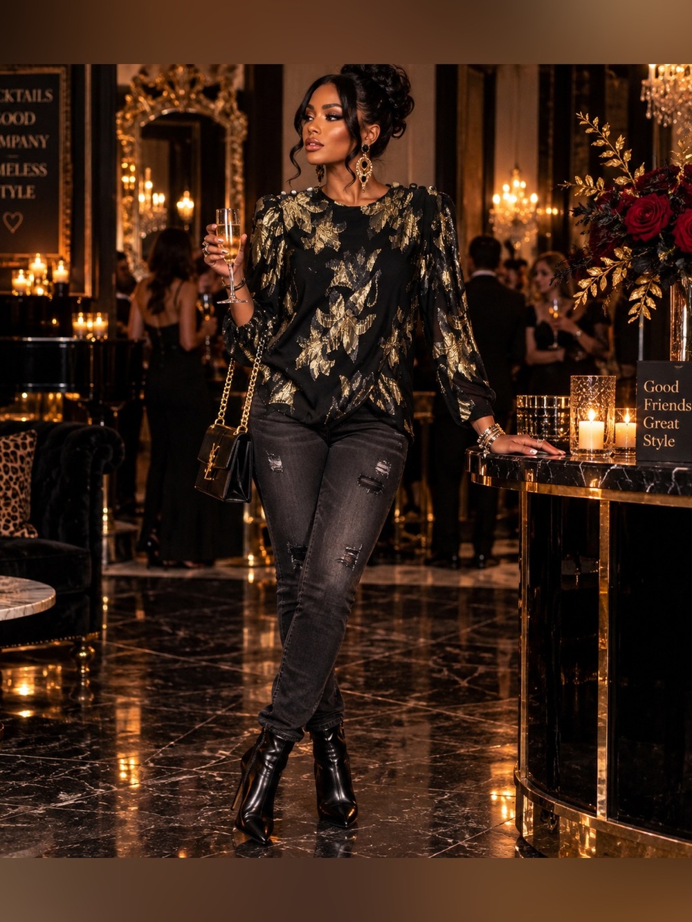 Vintage Patra Black and Gold Metallic Floral Blouse